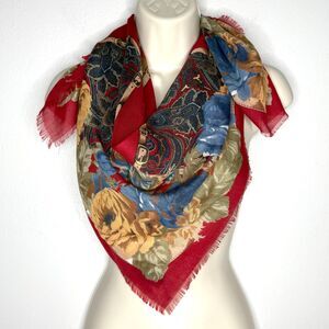 Guy St. Honore Womens Scarf Red Blue Floral Fringe Square‎ Polyester Parisian